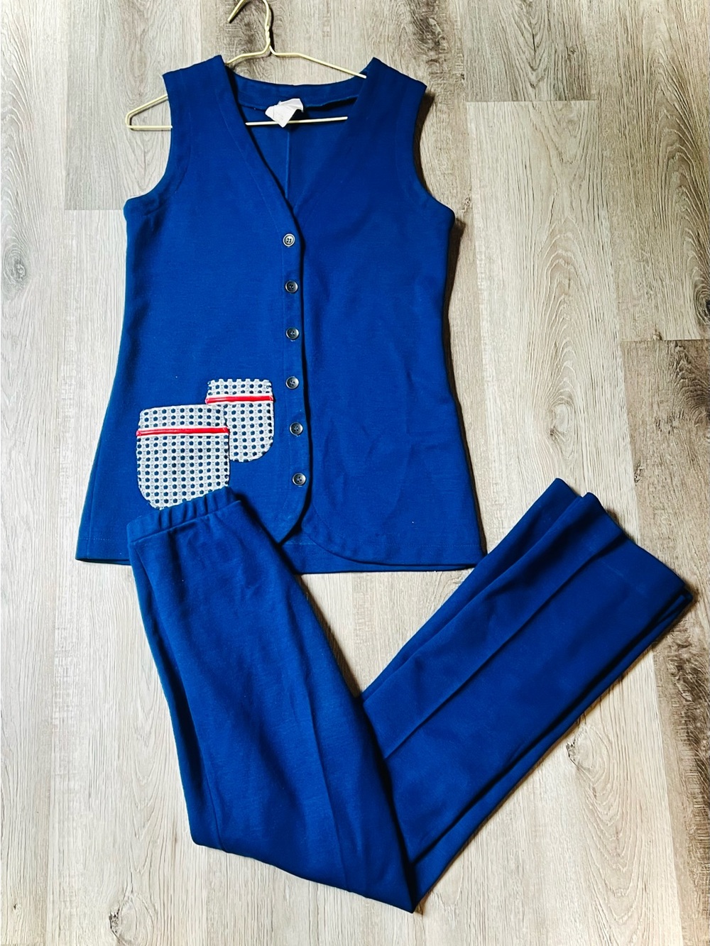 2 Piece Vintage 1970’s Cobalt Blue Pantsuit w/ Pocket Buttondown Vest & Slacks
